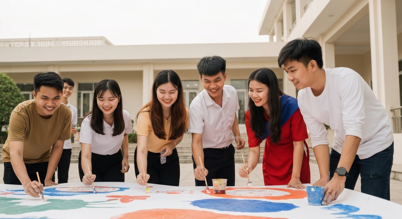 Sinh viên Việt Nam và Campuchia tham gia một hoạt động giao lưu văn hóa, thể hiện sự gắn bó và hiểu biết lẫn nhau.