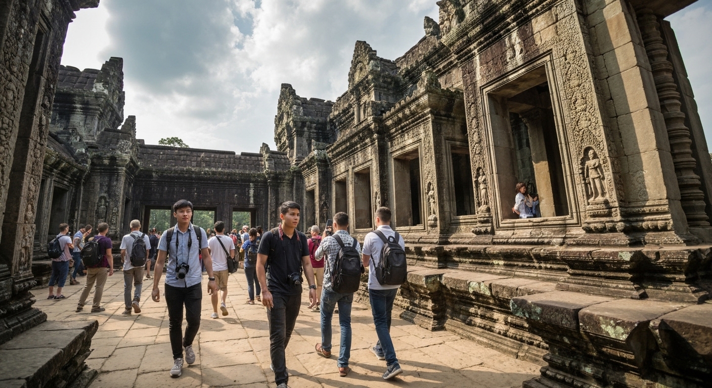 Du khách tham quan đền Angkor Thom