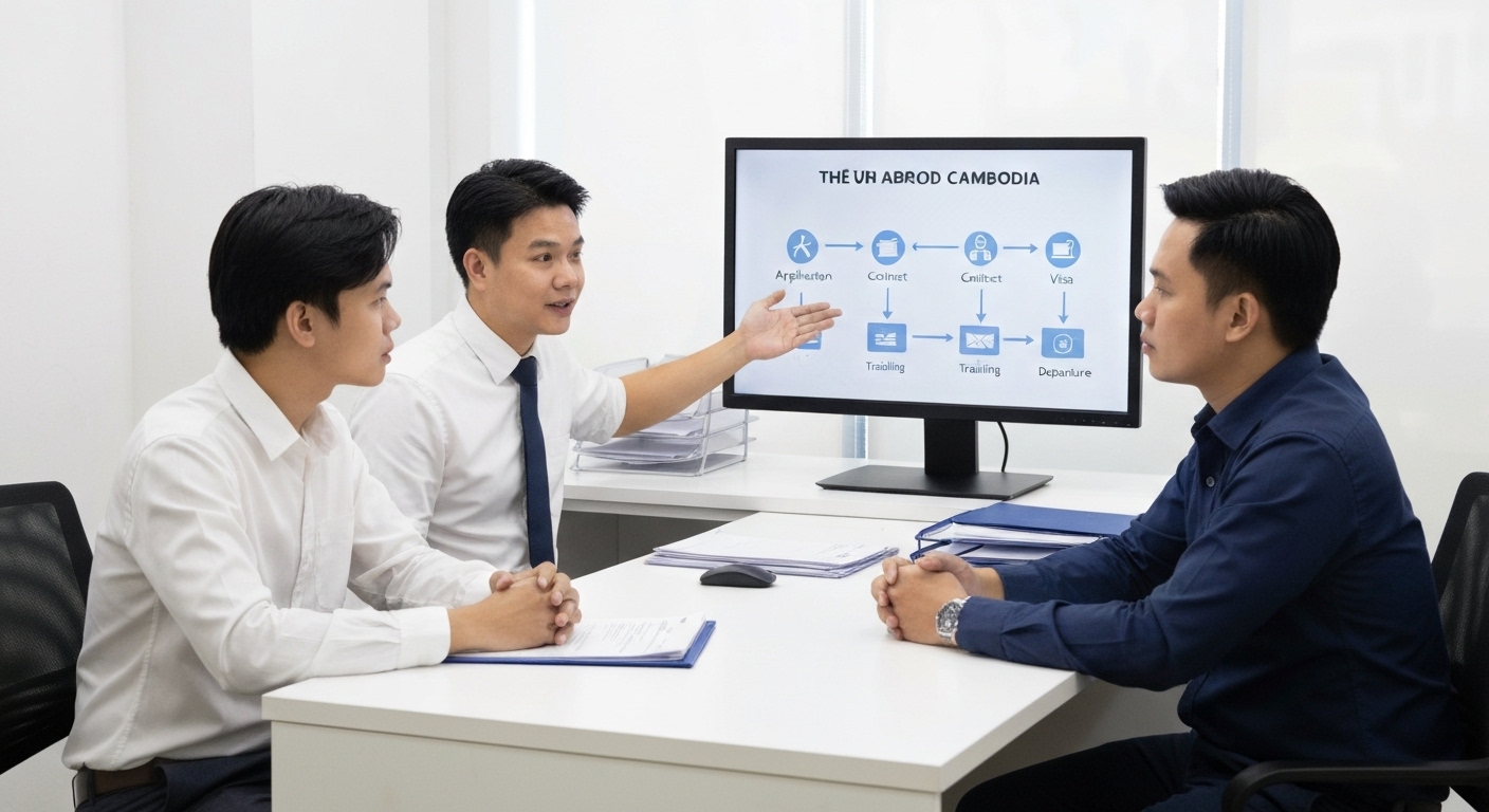 Hình ảnh tư vấn cho người lao động về các thủ tục và điều kiện xuất khẩu lao động sang Campuchia.