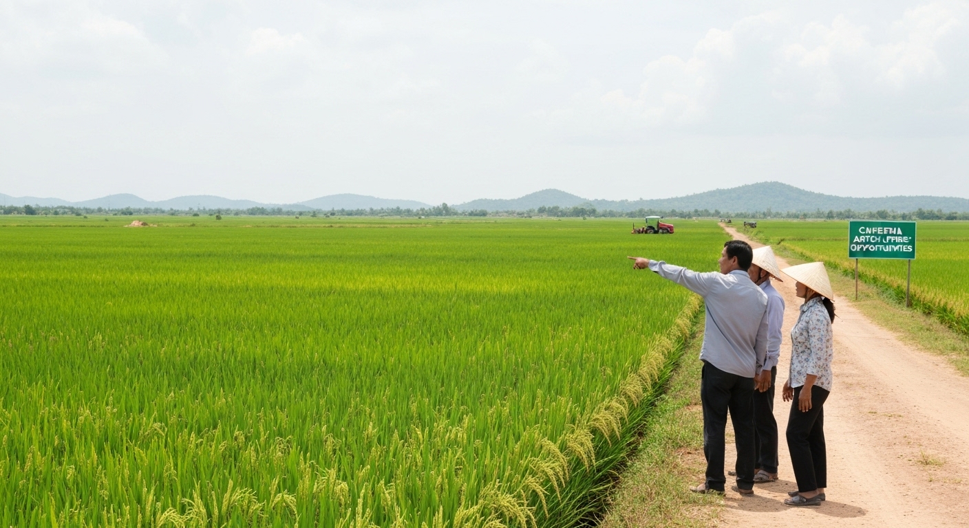 Cánh đồng lúa xanh mướt tại Campuchia, thể hiện tiềm năng nông nghiệp