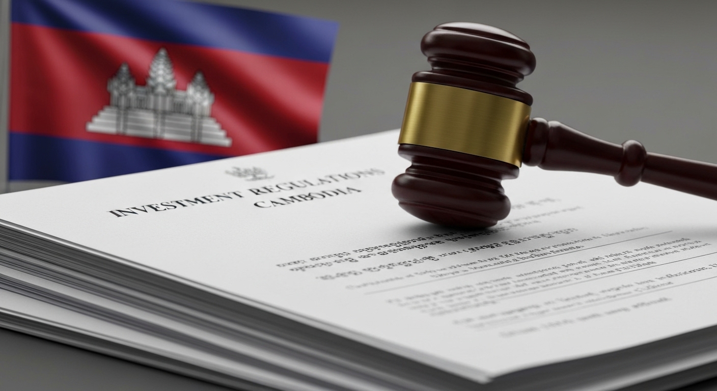 Hình ảnh biểu tượng của pháp luật và các văn bản pháp lý liên quan đến đầu tư tại Campuchia.