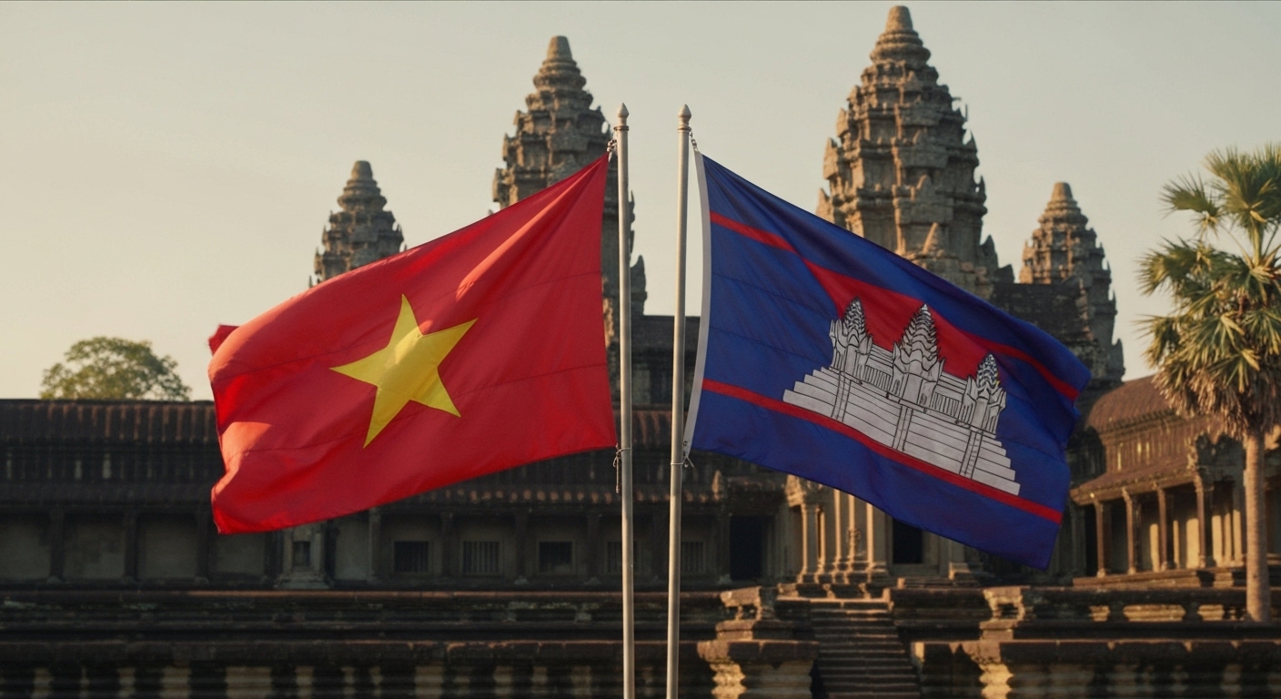 Cờ Việt Nam và Campuchia biểu tượng cho mối quan hệ hữu nghị