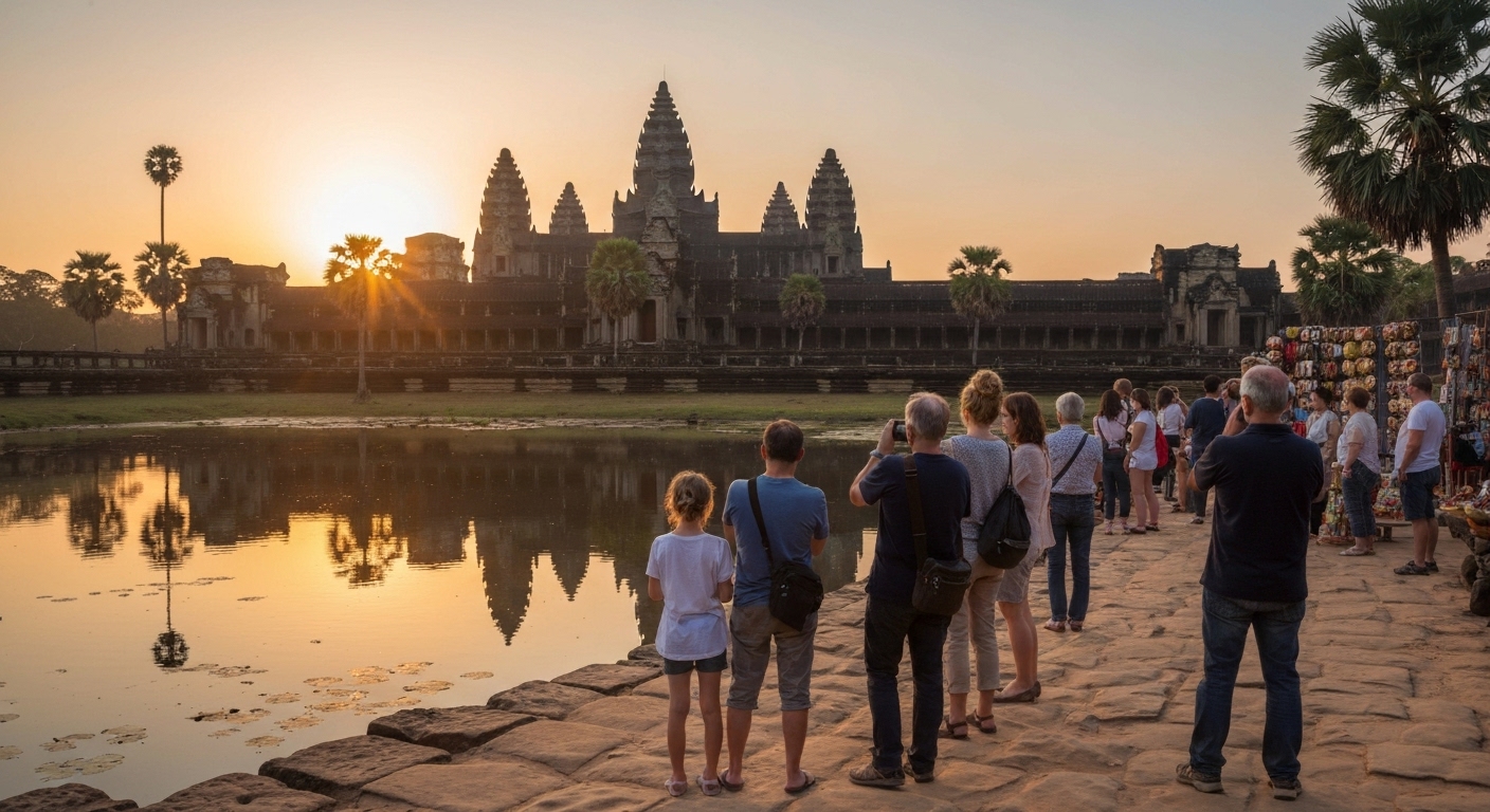 Du khách tham quan đền Angkor Wat trong ánh nắng ban mai