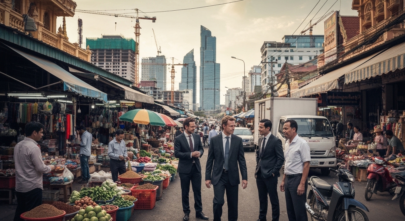 Hình ảnh thể hiện tiềm năng phát triển của thị trường Campuchia với các hoạt động kinh doanh sôi động.