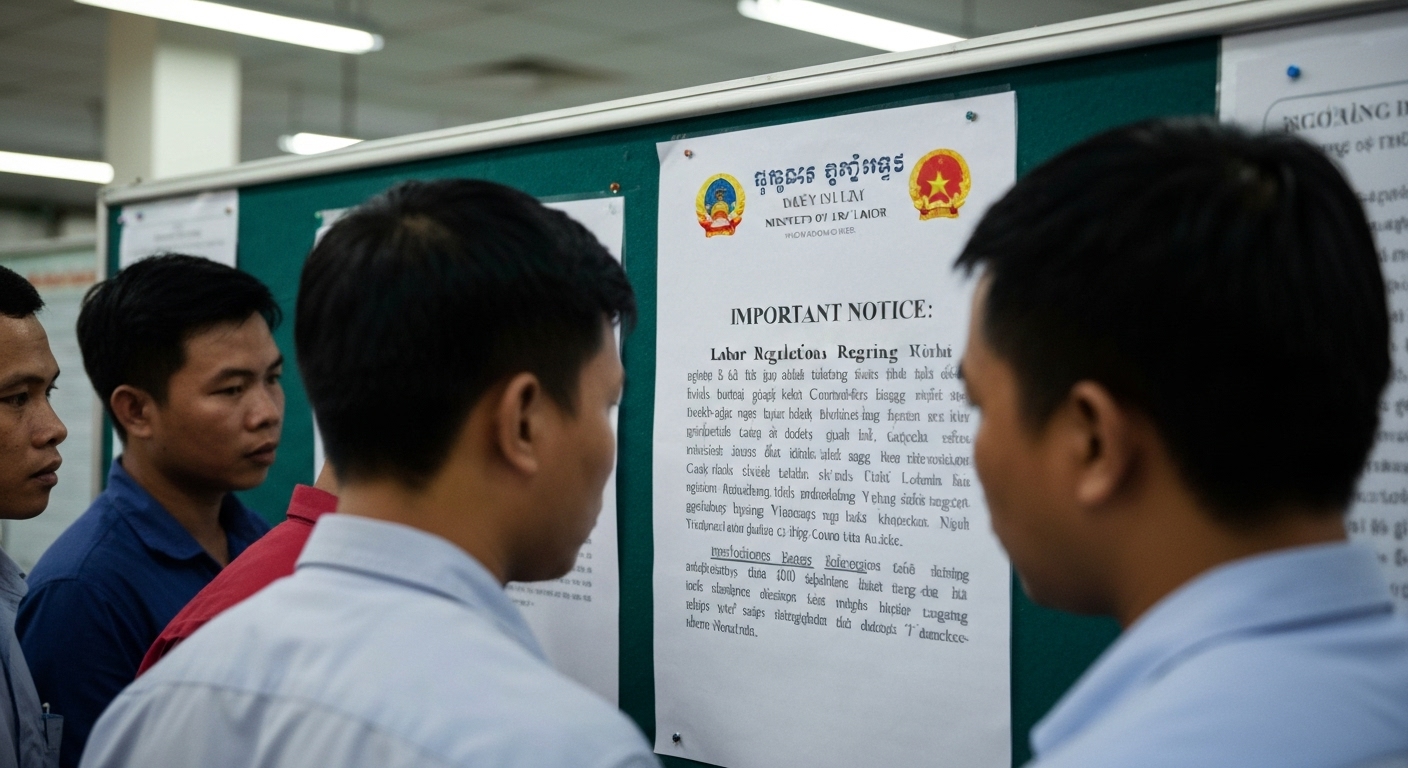 Hình ảnh minh họa về tài liệu hoặc thông báo liên quan đến chính sách lao động của Campuchia, có thể là thông báo từ Bộ Lao động Campuchia.