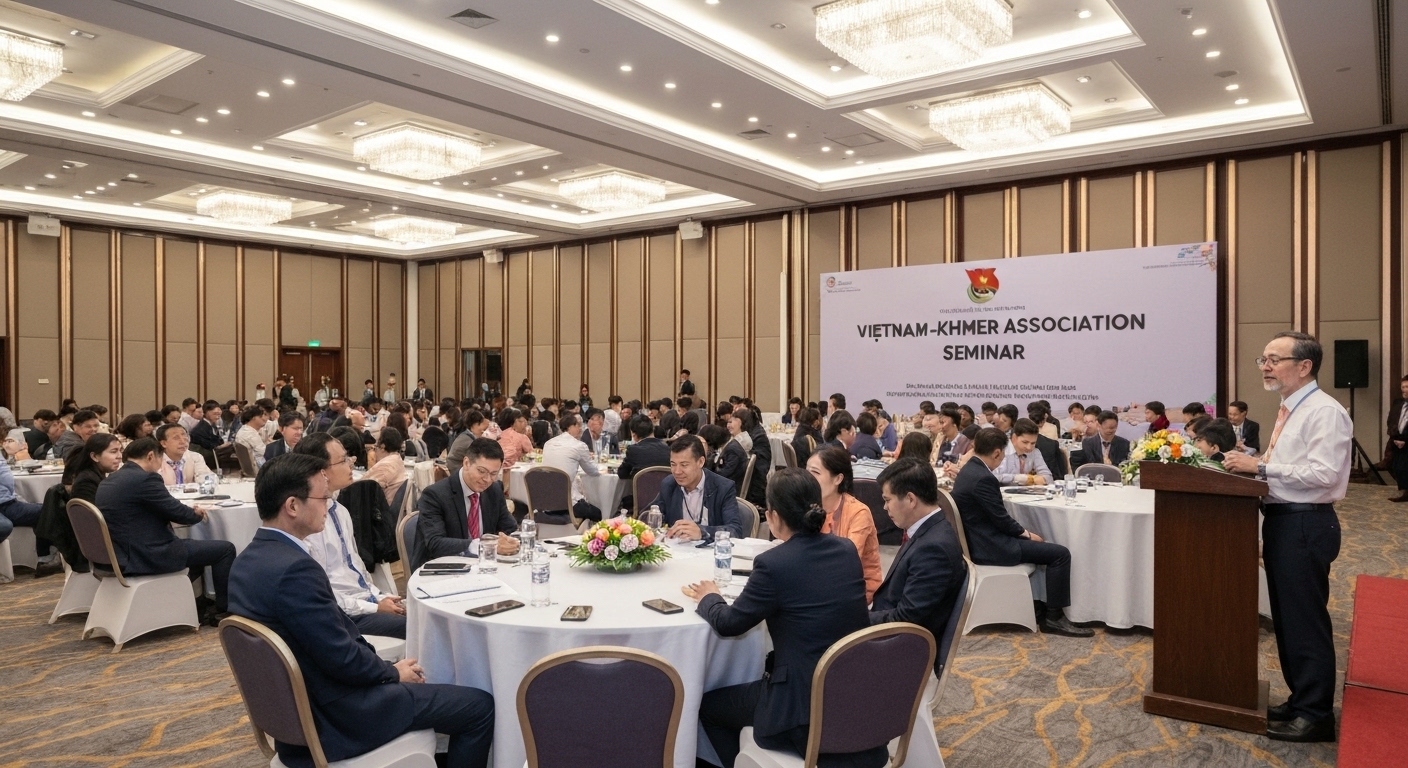 Hình ảnh minh họa về một buổi hội thảo hoặc sự kiện do Hội Việt Nam - Khmer tổ chức, có sự tham gia của đông đảo người Việt.