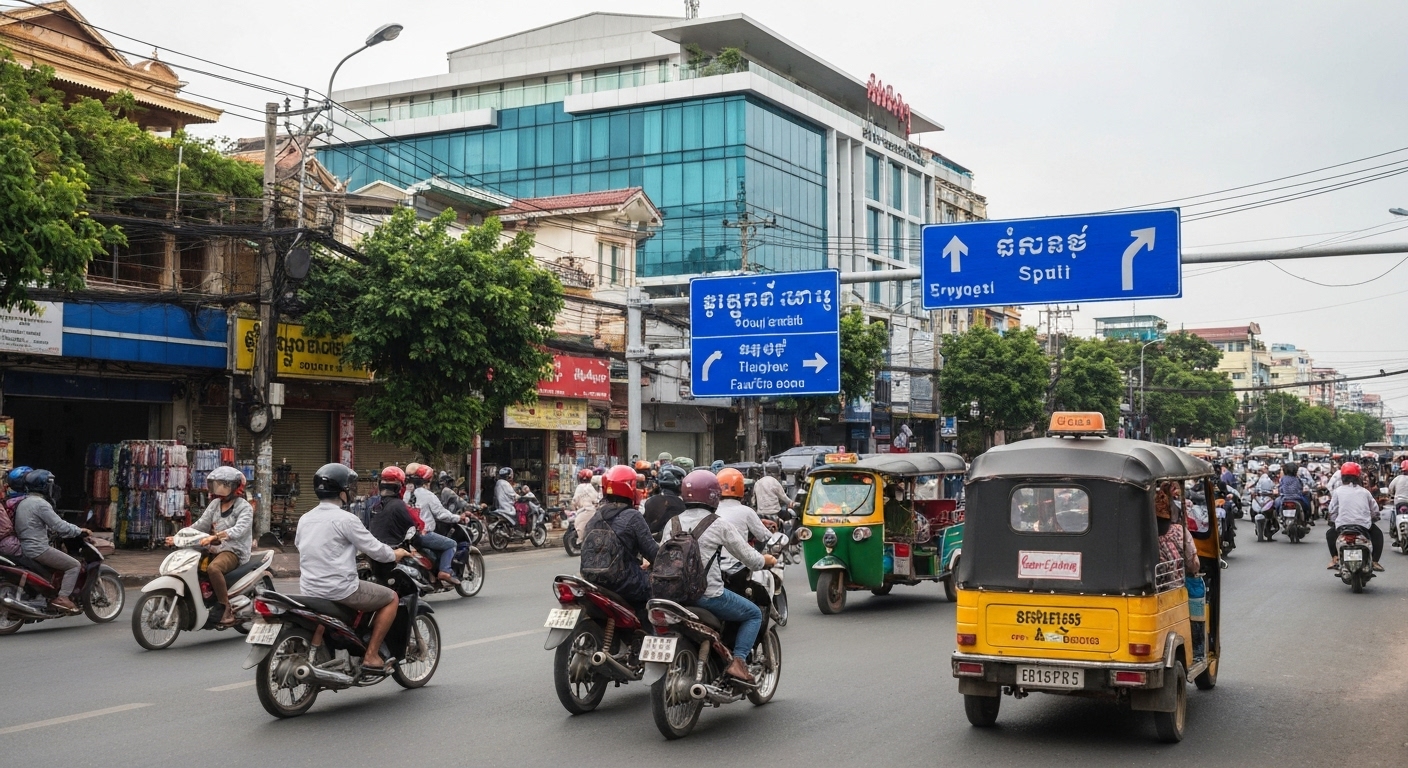 Người dân đội mũ bảo hiểm khi tham gia giao thông tại Campuchia