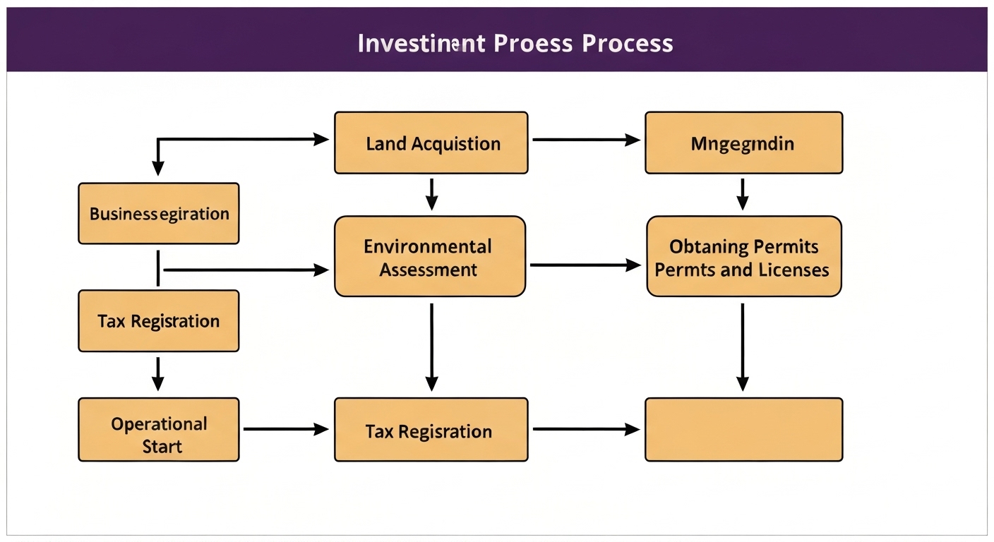 Sơ đồ các bước cần thiết trong quy trình đầu tư vào Campuchia, bao gồm đăng ký kinh doanh và xin giấy phép.