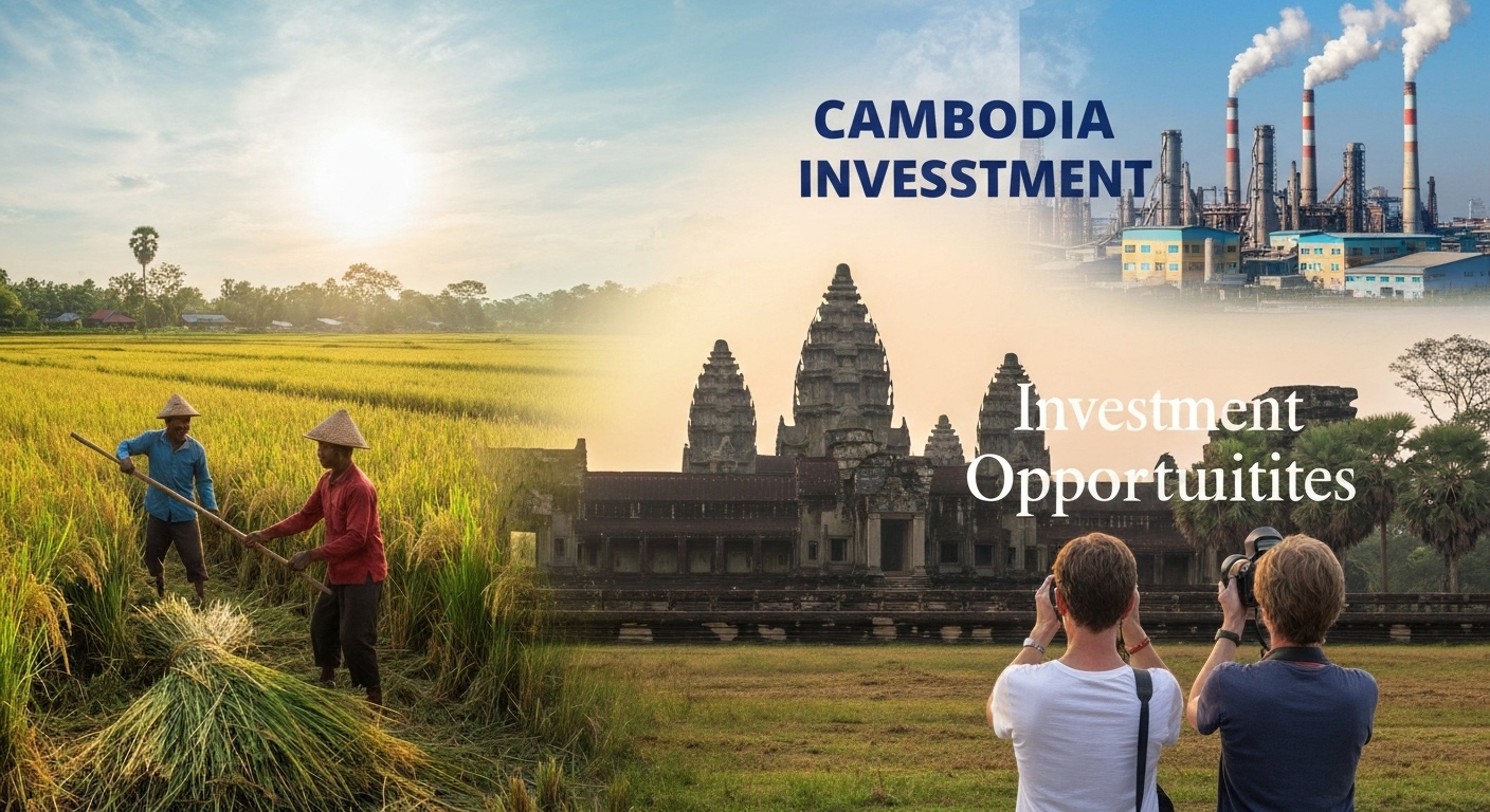 Hình ảnh biểu tượng các lĩnh vực đầu tư tiềm năng tại Campuchia, như nông nghiệp, du lịch và công nghiệp.