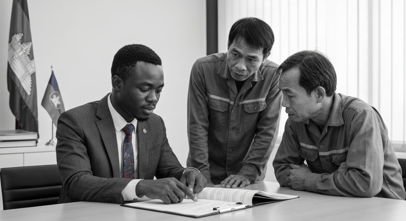 Hình ảnh minh họa về buổi tư vấn pháp lý, có luật sư đang tư vấn cho người lao động Việt Nam tại Campuchia.