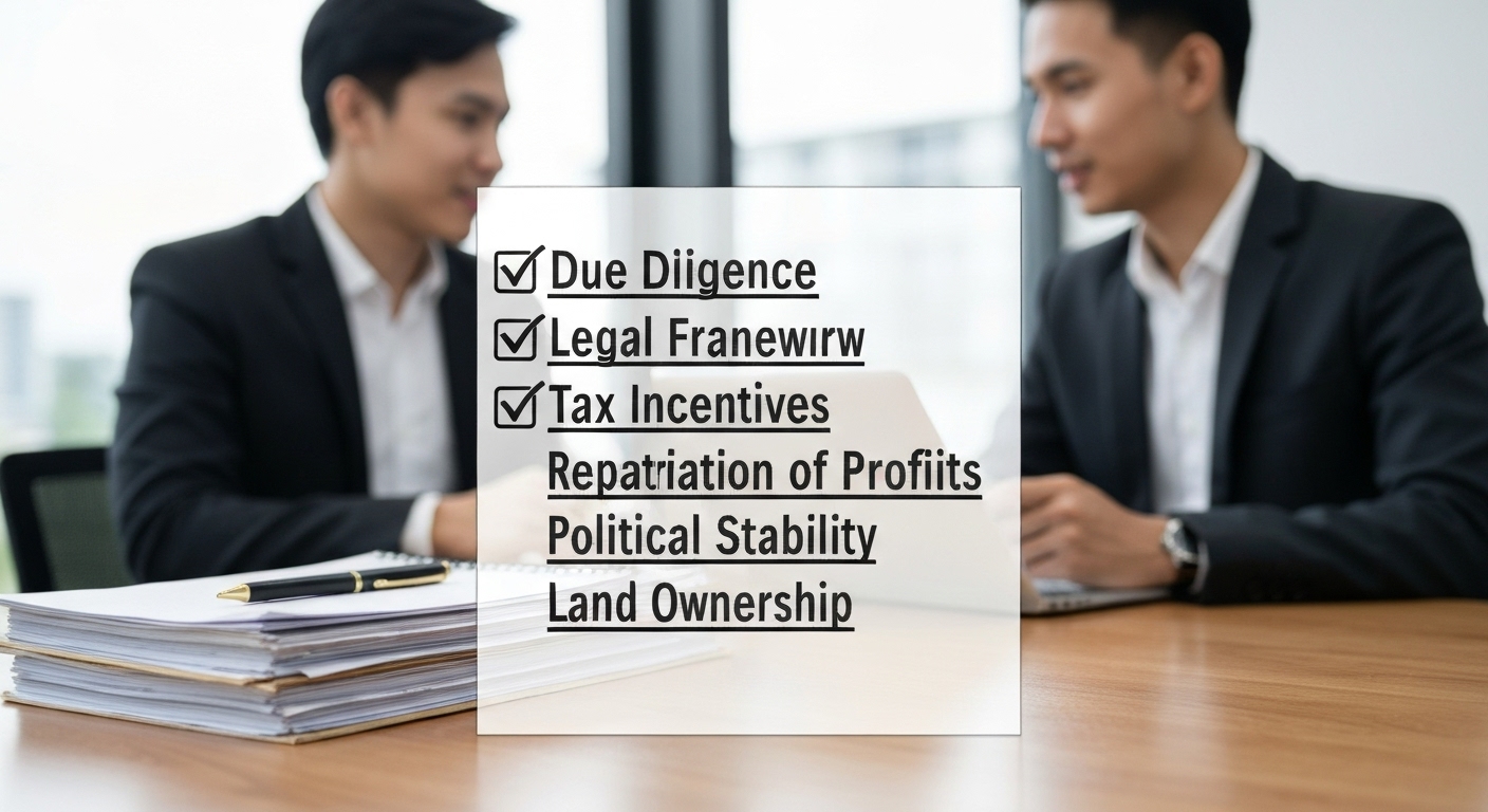 Biểu tượng danh sách kiểm tra với các lưu ý quan trọng cần xem xét trước khi đầu tư vào Campuchia.