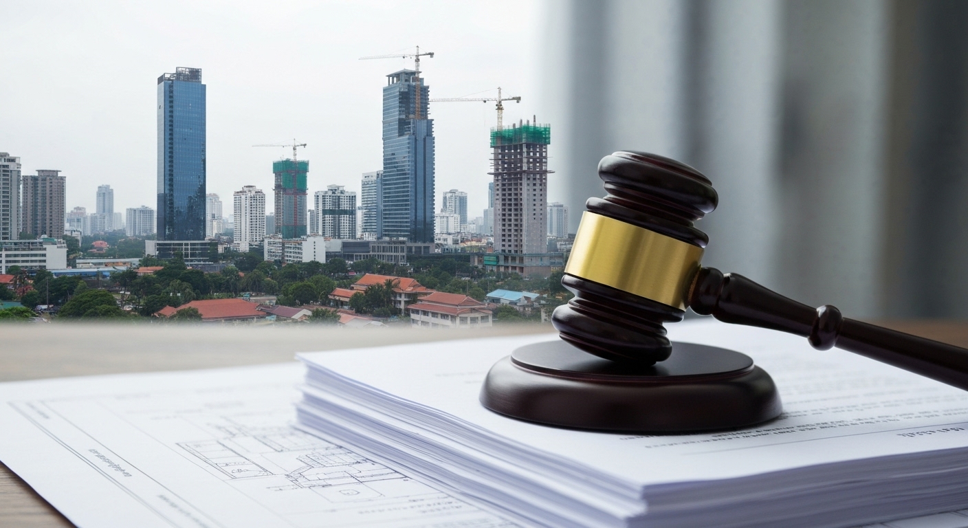 Hình ảnh biểu tượng của luật pháp và chính sách liên quan đến bất động sản Campuchia.
